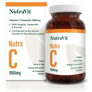 A bottle of NutraVit Nutra C chewable vitamin C supplements