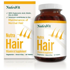 A bottle of NutraVit Nutra Hair vitamin and supplement 