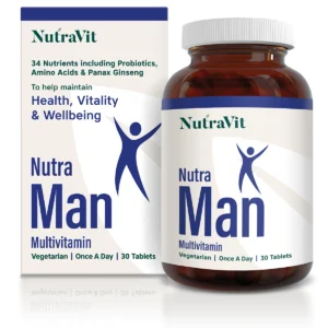 A bottle of NutraVit Nutra Man supplements with Biotin 
