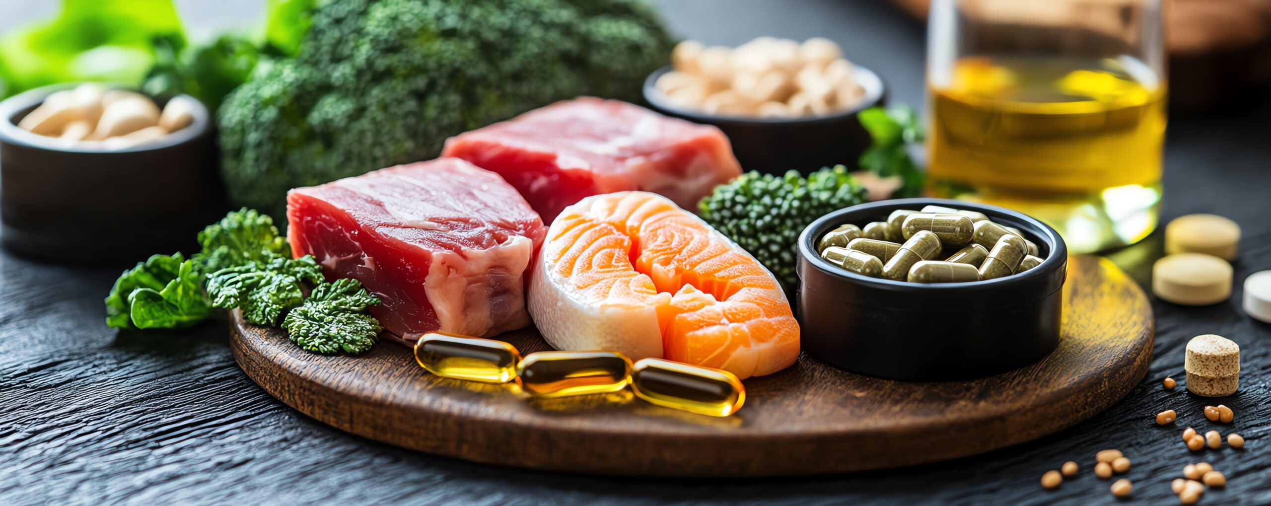 A tray of healthy vitamin B12 rich foods and supplements