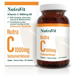 A bottle of NutraVit NutraC 1000mg sustained release vitamin C supplements