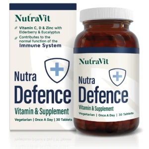 A bottle of NutraVit NutraDefence immunity supplements with vitamin C, D and Zinc