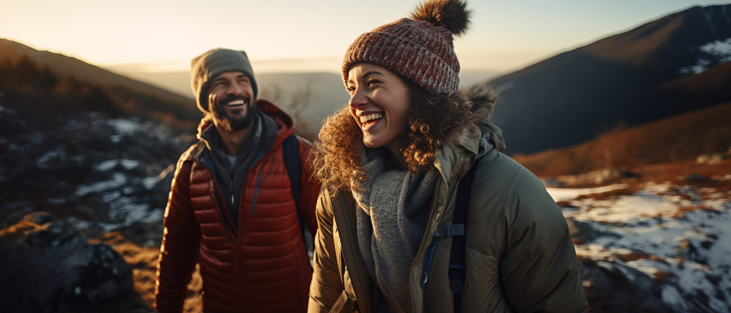 An energetic couple enjoy the winter sunshine on a mountain hike